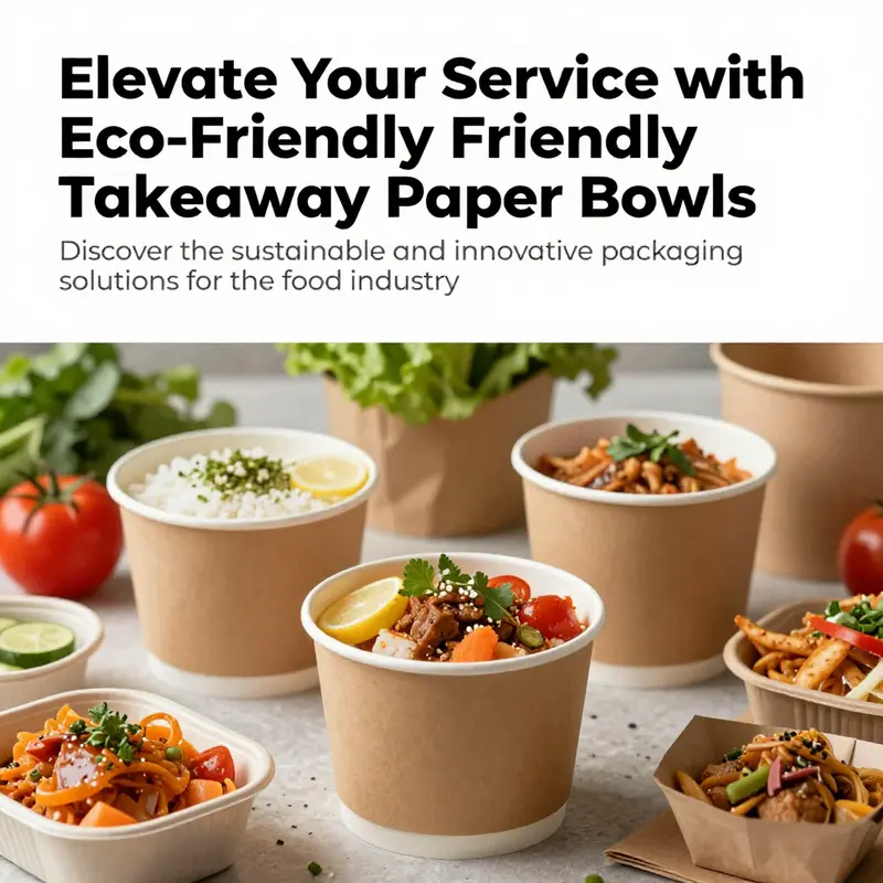 A lively presentation of takeaway paper bowls filled with fresh food, set against a colorful culinary backdrop.