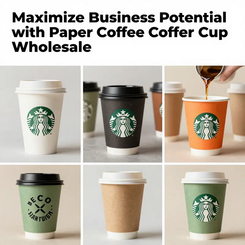 A colorful collection of paper coffee cups showcasing different designs and sustainable materials in a dynamic arrangement.