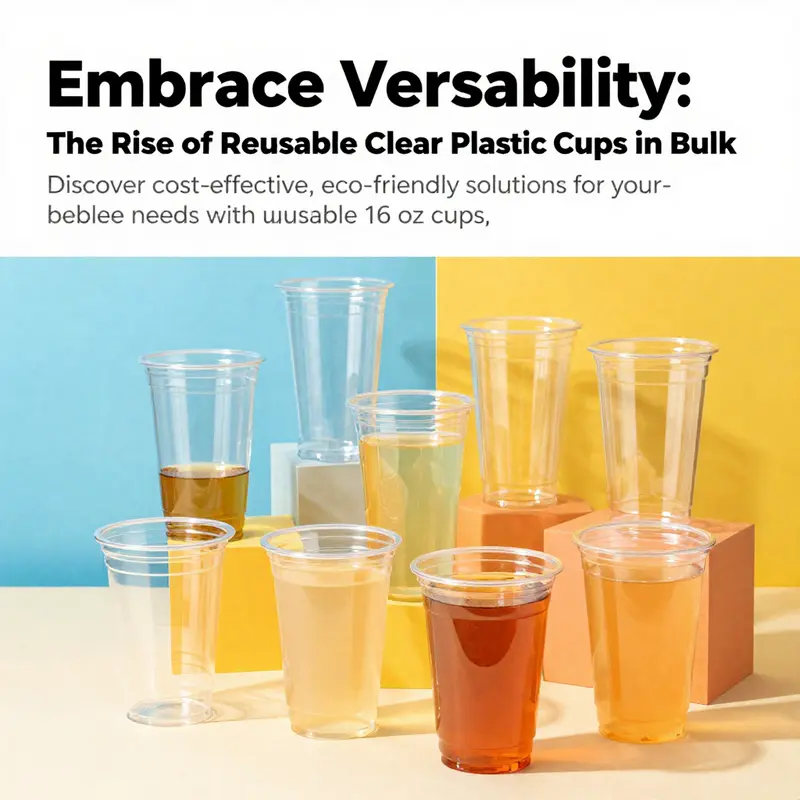 Assorted filled reusable clear plastic cups on a colorful surface, highlighting versatility in drink selection.