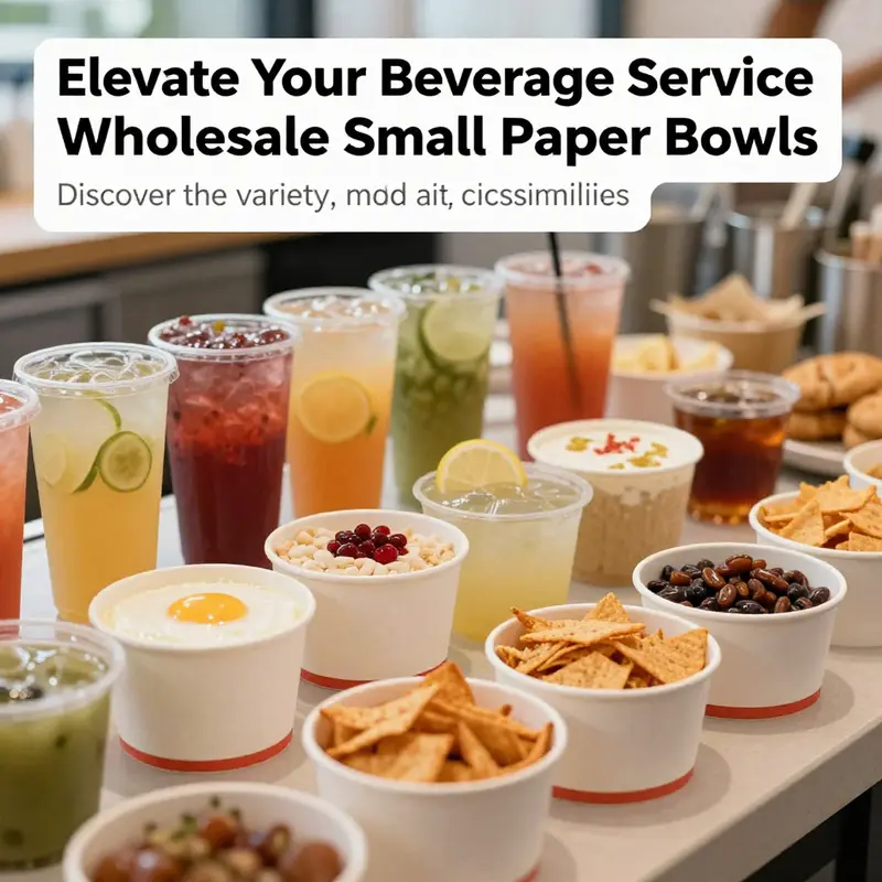 A visually appealing arrangement of small paper bowls filled with food and beverages, targeted at food service industries.