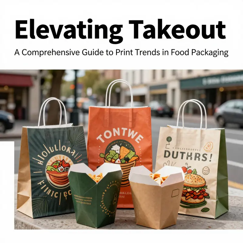 A collection of diverse takeout bags in an urban setting, highlighting the evolution of print and packaging.