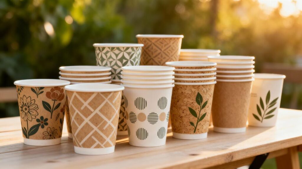 An assorted display of disposable paper cups, highlighting designs made from sustainable materials.