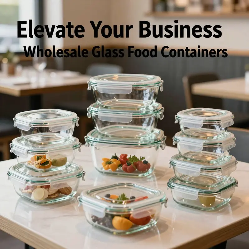 An elegant arrangement of glass food containers in a vibrant restaurant environment, illustrating their use in food service.