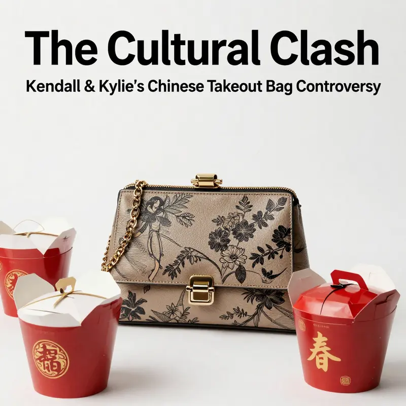 The juxtaposition of the Kendall Kylie clutch with traditional Chinese takeout boxes highlights cultural blending in fashion.