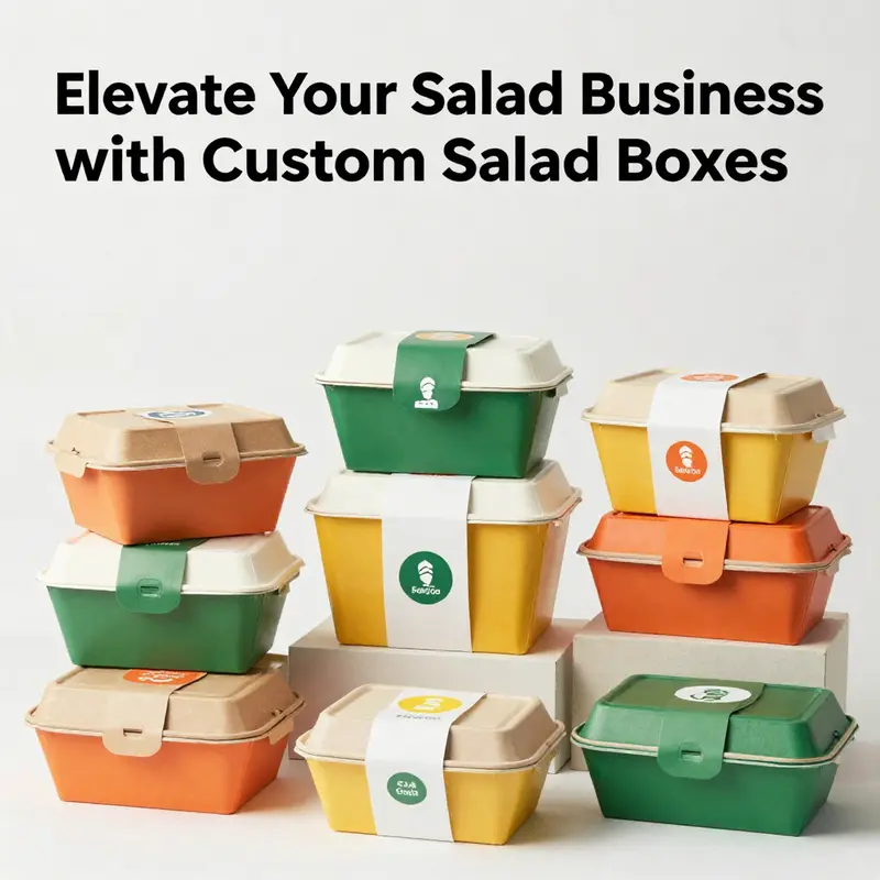 Custom salad boxes showcasing eco-friendly materials such as biodegradable paper and recyclable plastics.