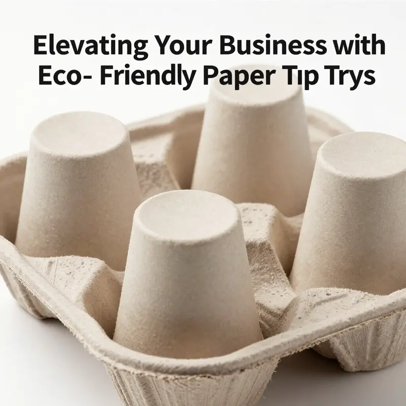 A paper cup tray promoting sustainability, filled with beverages, in a natural environment.