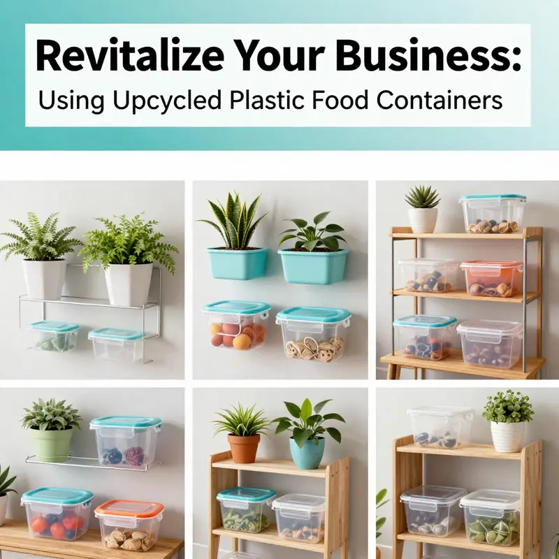 Upcycled plastic food containers used creatively in a café environment for storing fresh ingredients and drinks.