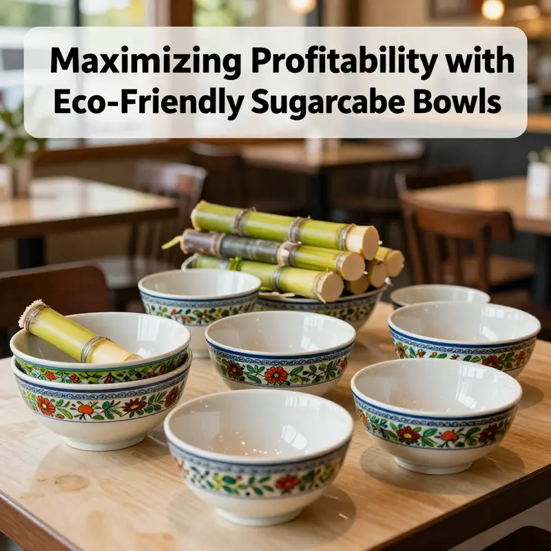 Affordable sugarcane bowls displayed in a business setting, emphasizing economic viability.