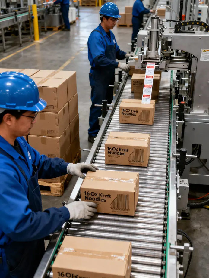 The production line of a factory specializing in kraft noodle boxes.