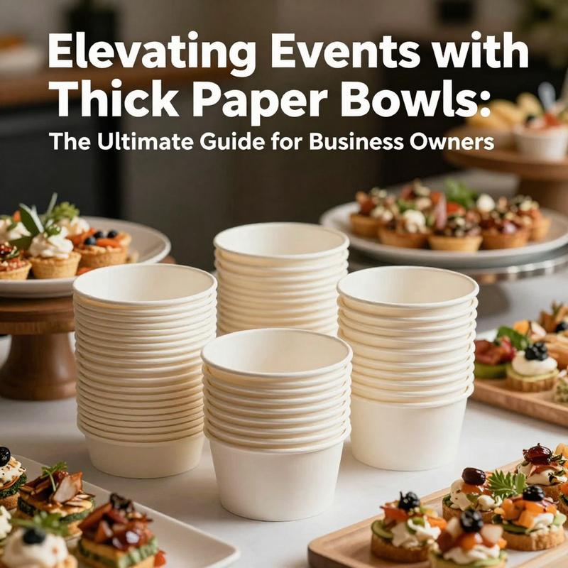 Chic thick paper bowls surrounded by gourmet dishes in a refined catering setup, illustrating their stylish appeal.