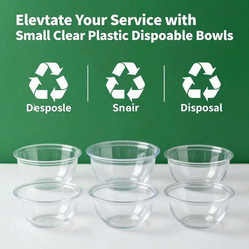 Small clear plastic disposable bowls displaying their clarity and design versatility with an array of food items.