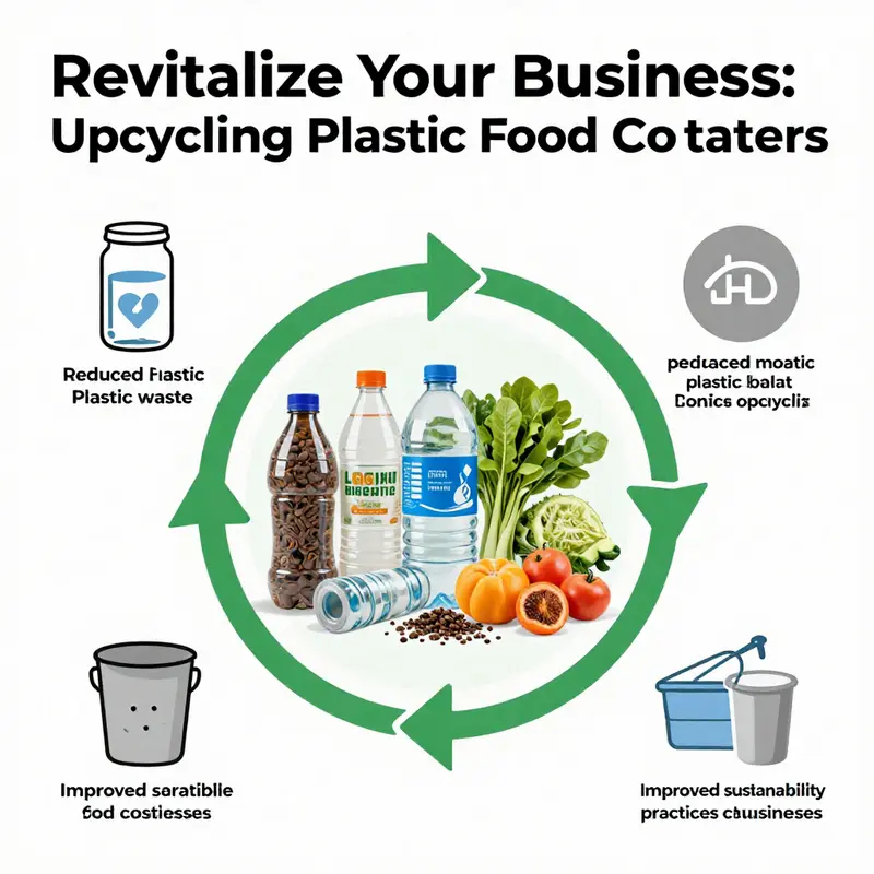 Upcycled plastic food containers used creatively in a café environment for storing fresh ingredients and drinks.