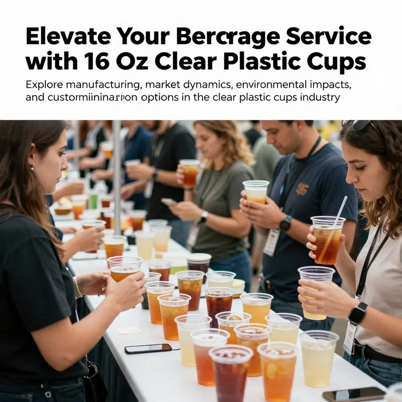 A vibrant event showcasing various drinks in 16 oz clear plastic cups being enjoyed by attendees.