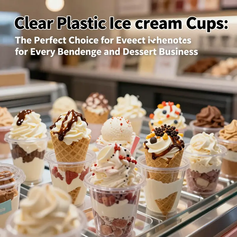 Colorful clear plastic ice cream cups filled with different flavors and toppings in a charming ice cream parlour.