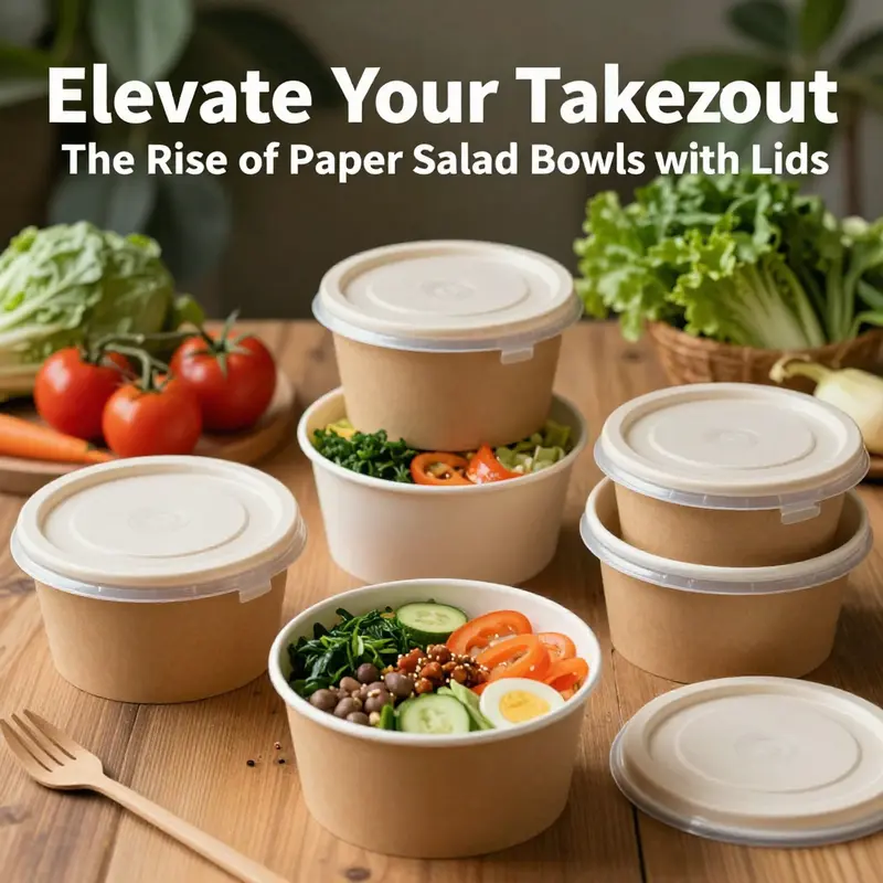 A collection of paper salad bowls with lids displaying colorful salads, symbolizing fresh food packaging.