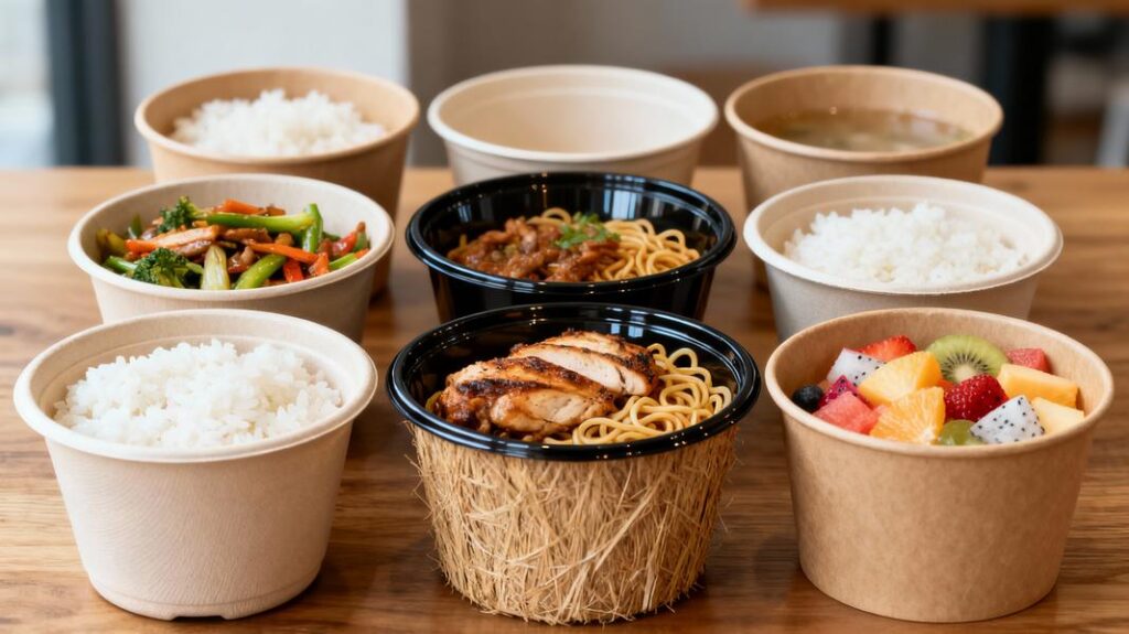 A variety of disposable rice bowls made from different materials, filled with delicious meals, showcasing practical applications in food service.