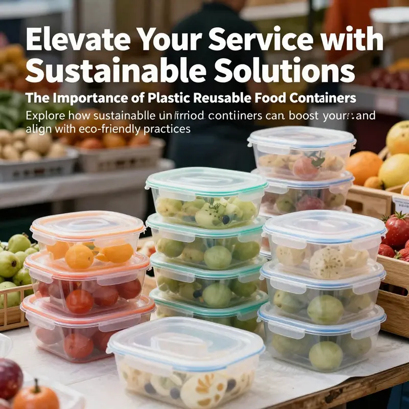 A vibrant food marketplace scene showcasing various reusable food containers in use.