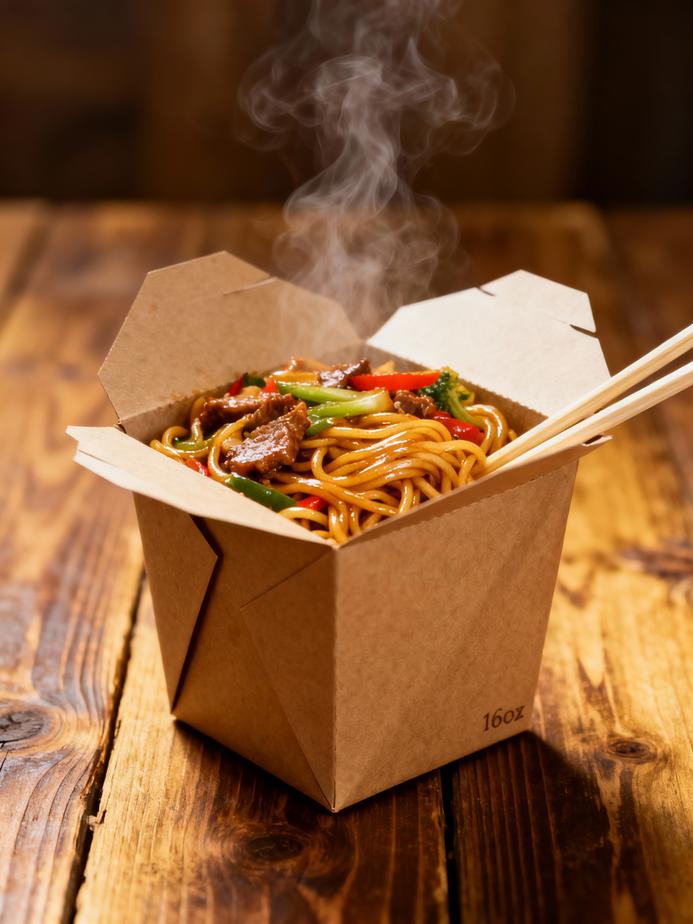 A 16oz kraft noodle box filled with stir-fry, representing a popular takeout food option.