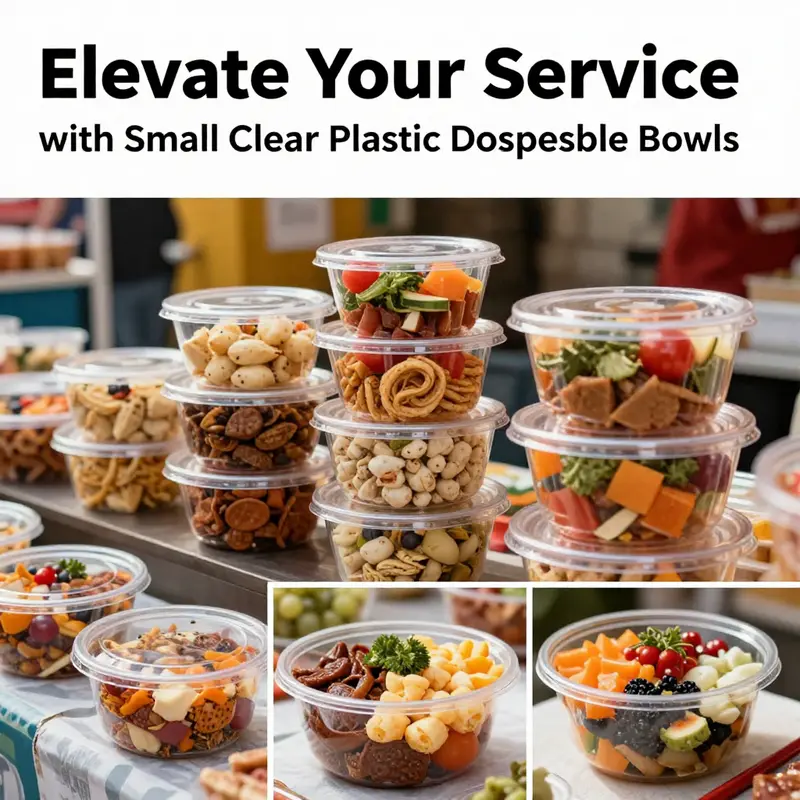 Collage of small clear plastic disposable bowls filled with various foods, showcasing their suitability for different food service scenarios.