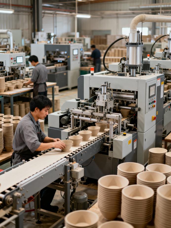 A modern small paper bowl manufacturing facility with active machinery and staff.
