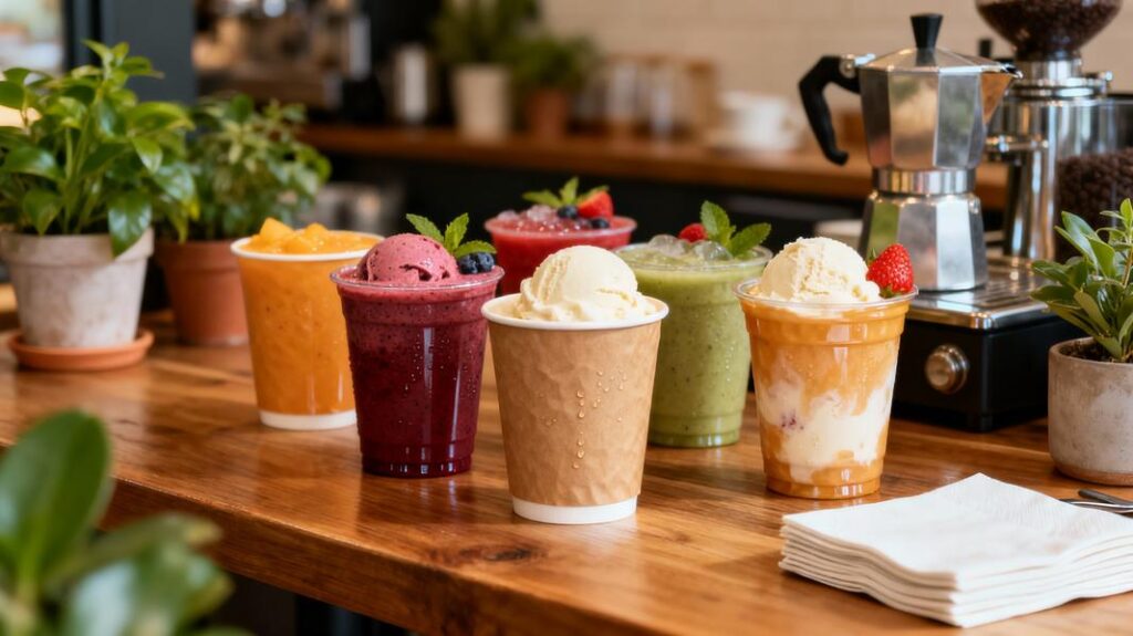 A visually appealing setup of wax-coated paper cups with cold drinks, illustrating their design and usage.