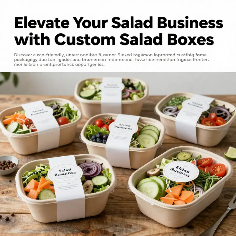 An attractive display of salads in custom eco-friendly boxes highlighting fresh ingredients and sustainable packaging.