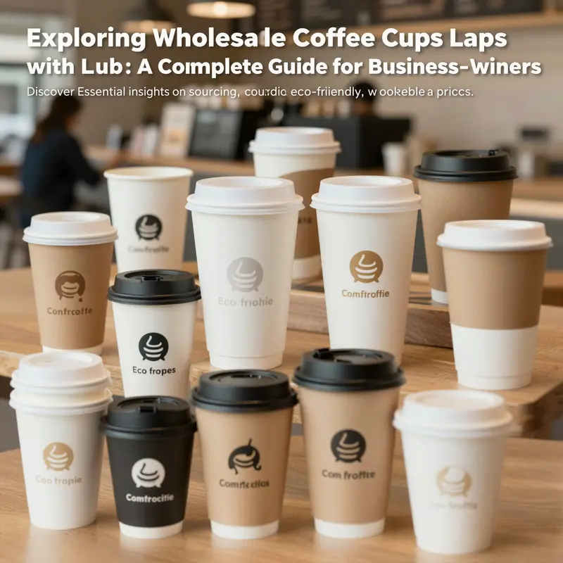 A collection of diverse paper coffee cups with lids in a lively coffee shop atmosphere.