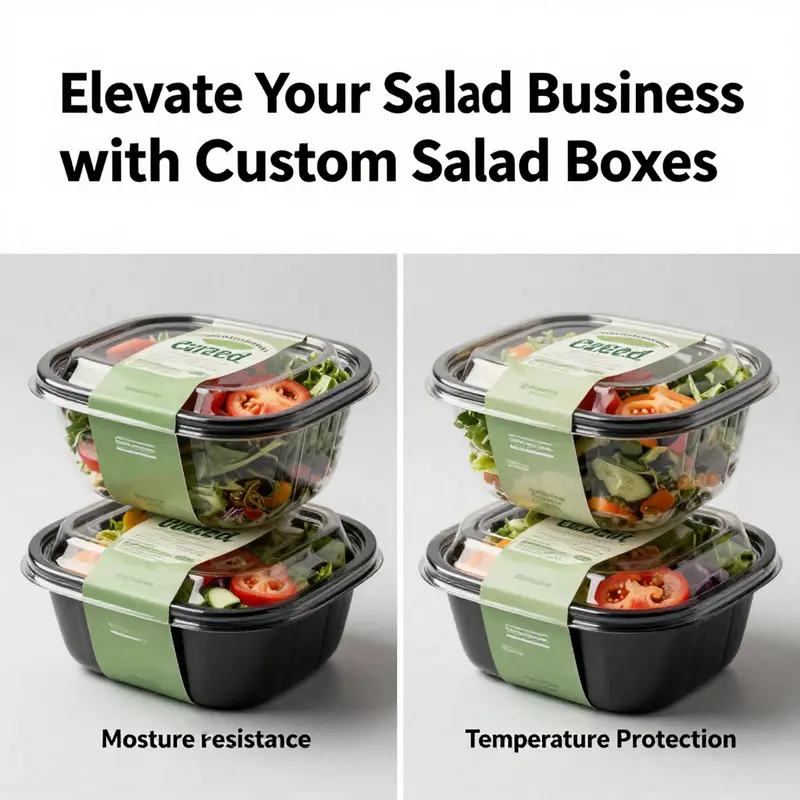 Custom salad boxes showcasing eco-friendly materials such as biodegradable paper and recyclable plastics.