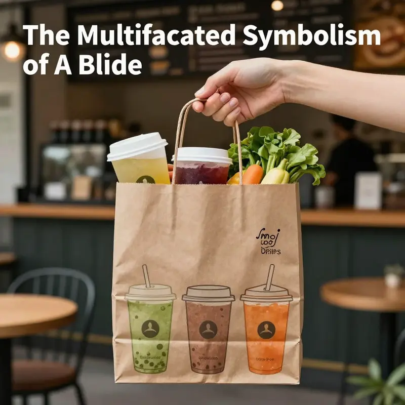 A close-up of a hand holding a well-designed paper bag filled with drinks and produce, emphasizing customer engagement.