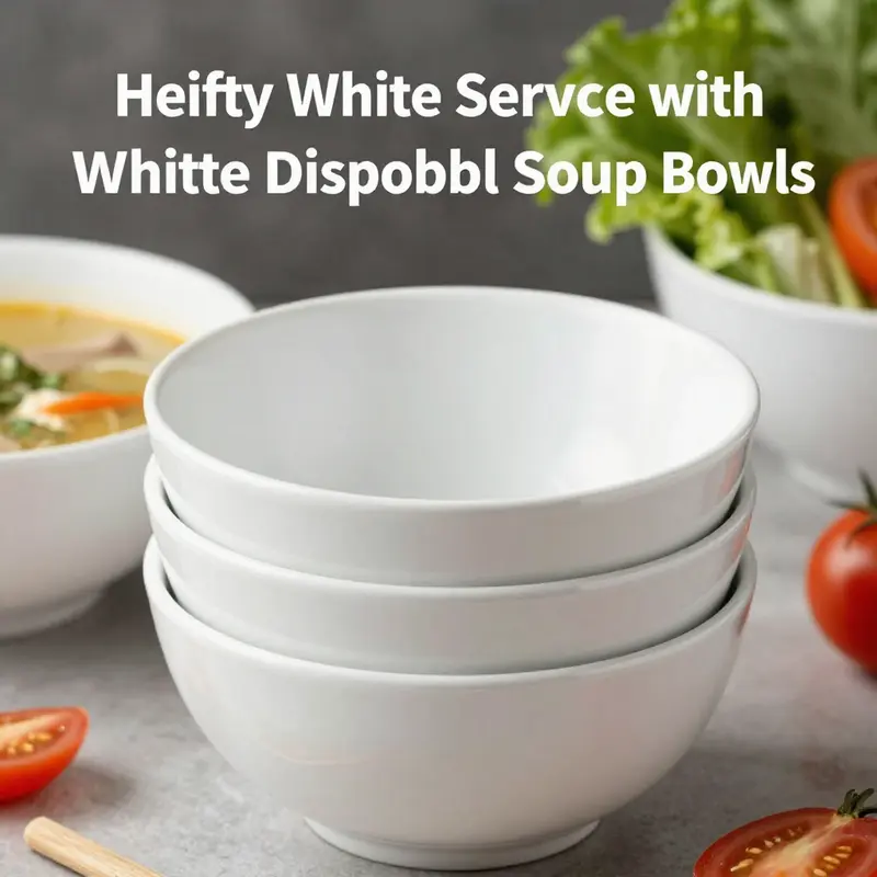 Hefty white soup bowls emphasizing their design and durability, ideal for various food items.