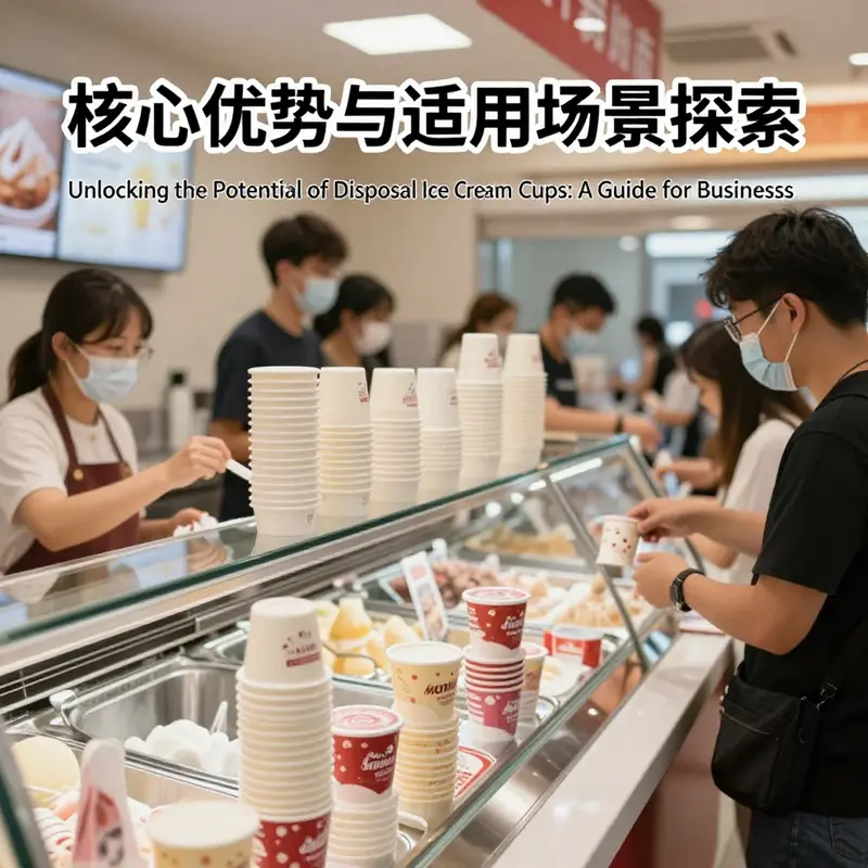 Different types of disposable ice cream cups showcasing material and size variety.