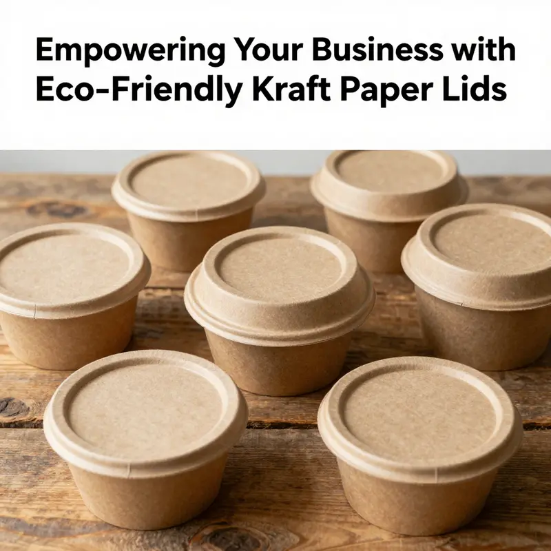 A vibrant collection of kraft paper lids and containers arranged on a wooden surface, demonstrating eco-friendly packaging.