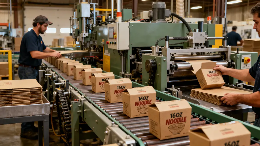 The production line of a factory specializing in kraft noodle boxes.