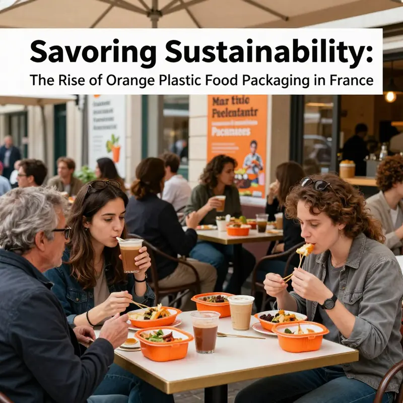 Showcasing a variety of customizable orange plastic food packaging containers available for the French market.