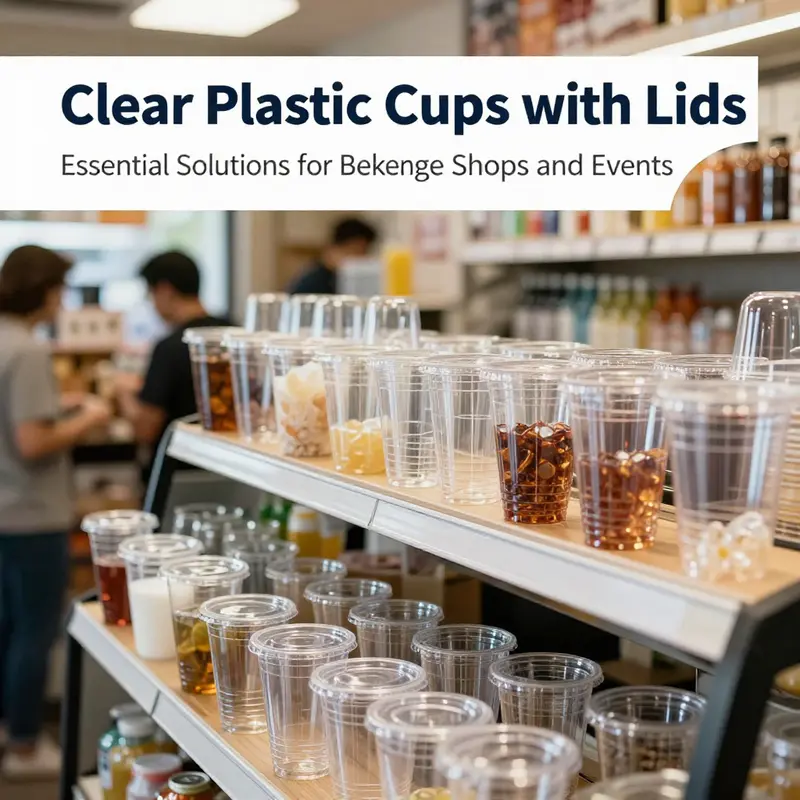 Variety of clear plastic cups demonstrating different sizes and their material composition.