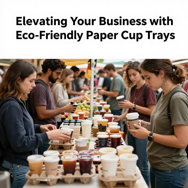 A paper cup tray promoting sustainability, filled with beverages, in a natural environment.