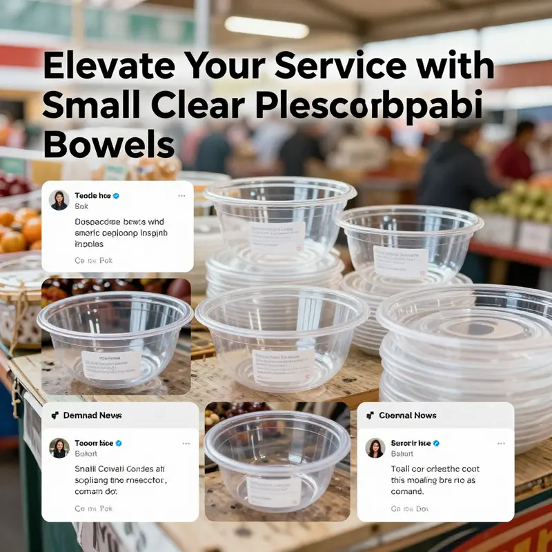 Small clear plastic disposable bowls displaying their clarity and design versatility with an array of food items.