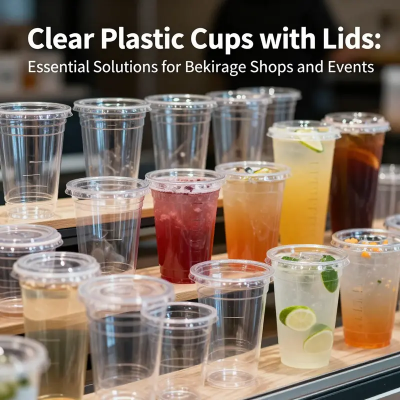 Variety of clear plastic cups demonstrating different sizes and their material composition.