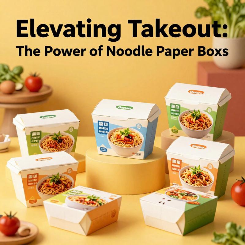 A vibrant assortment of noodle paper boxes against a colorful culinary background, representing sustainability and creativity.