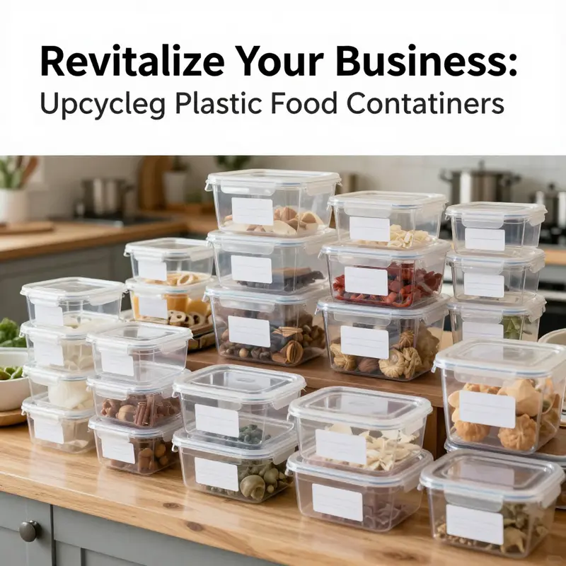 Upcycled plastic food containers used creatively in a café environment for storing fresh ingredients and drinks.