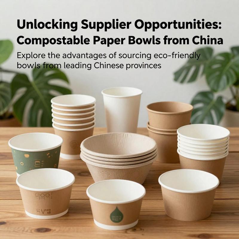 An assortment of compostable paper bowls displayed on a table with greenery, emphasizing their sustainable appeal.