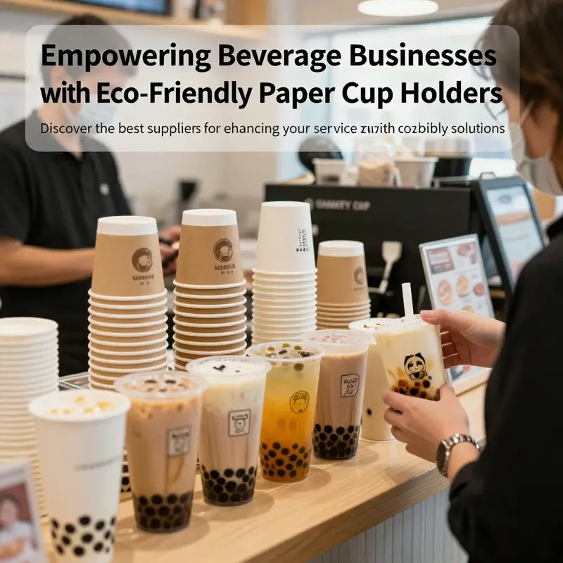Customers enjoying drinks served in eco-friendly paper cup holders at a bubble tea shop.