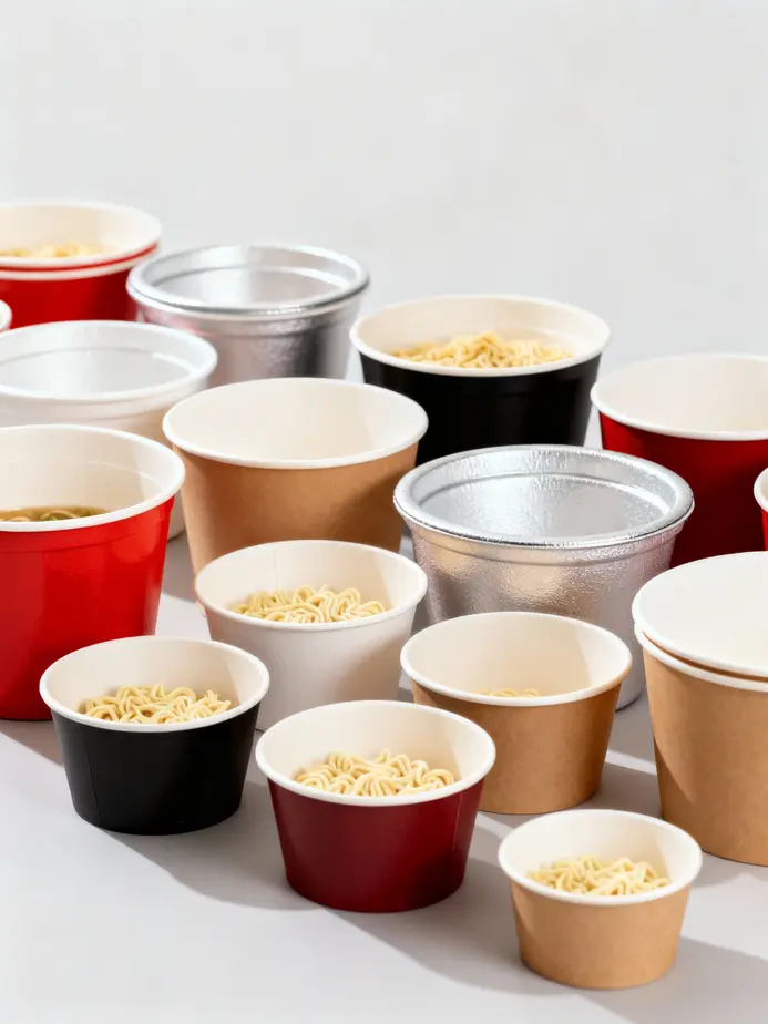 Variety of paper ramen bowls displaying their eco-friendly material qualities and insulation capabilities.
