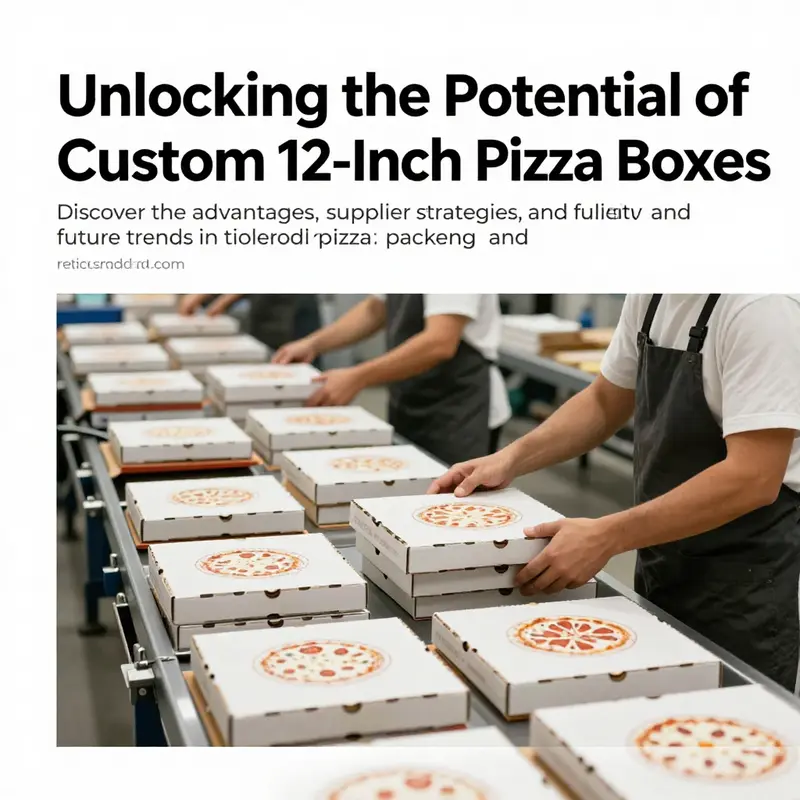 Workers on an assembly line producing custom 12-inch pizza boxes.