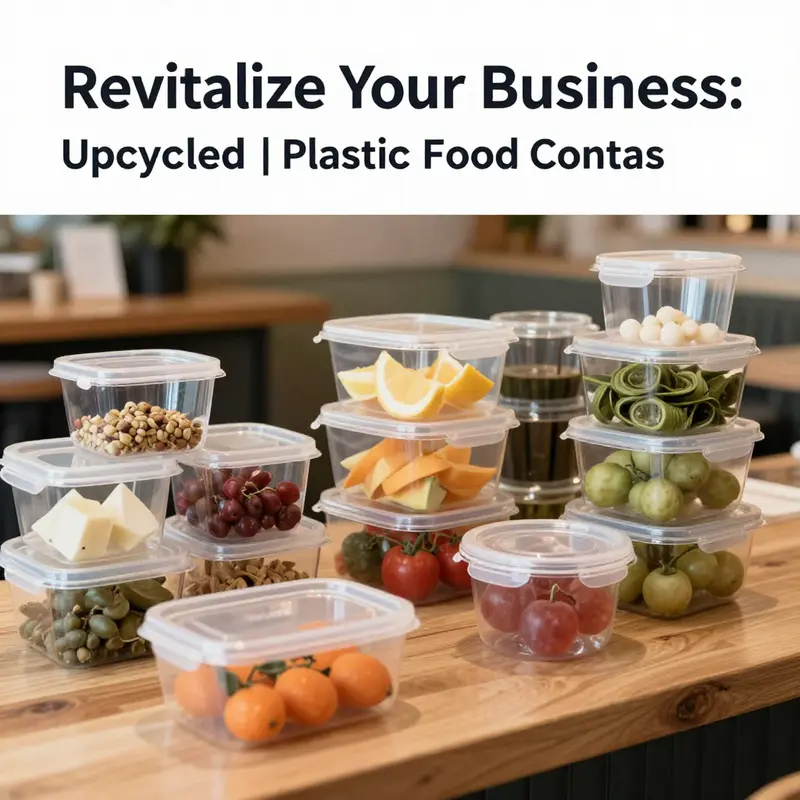 Upcycled plastic food containers used creatively in a café environment for storing fresh ingredients and drinks.