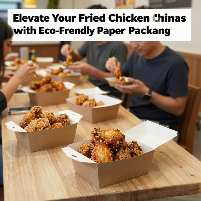 A bustling restaurant environment with customers dining and using eco-friendly paper fried chicken boxes.