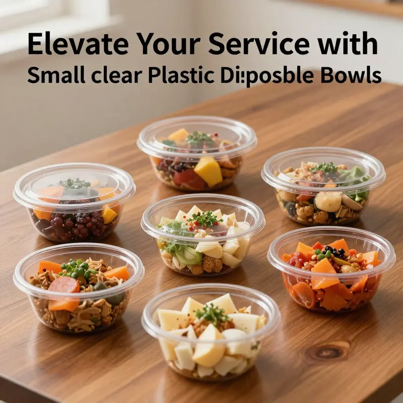 Small clear plastic disposable bowls displaying their clarity and design versatility with an array of food items.