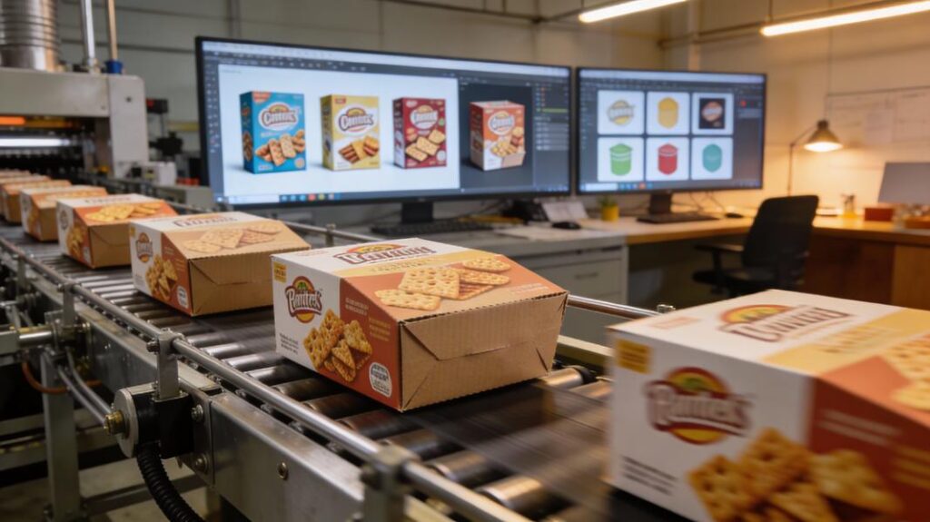 Photorealistic cover image of a snack box production facility with branded packaging and design boards.