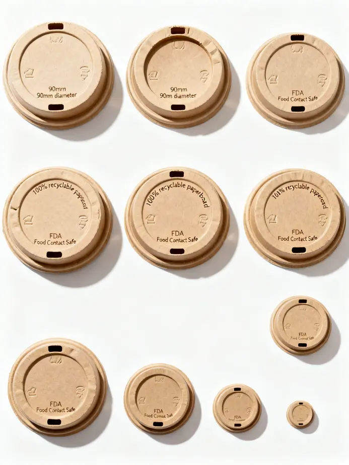 Diverse paper cup lids with pricing details.