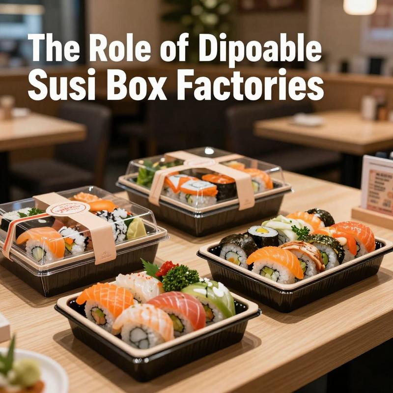 A colorful display of sushi served in disposable boxes at a modern sushi restaurant.
